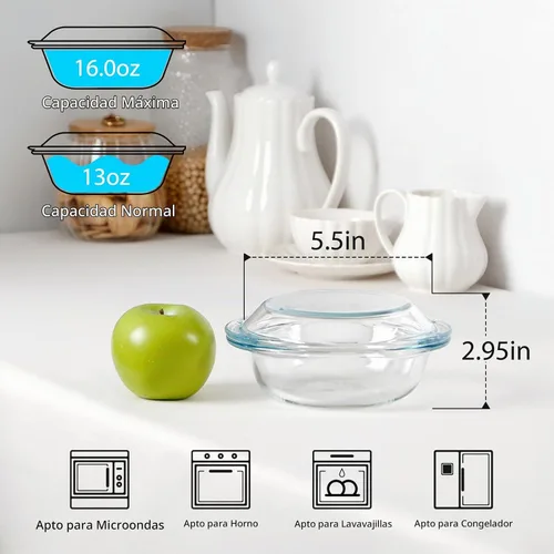 Vista 2 de Plato de Cazuela Mini de Vidrio de 13OZ con Tapa, Utensilio de Hornear Seguro para Horno de 5.5 Pulgadas con Asas, Tazón de Vidrio Seguro