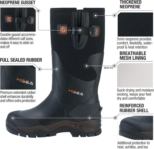 Vista 3 de HISEA Botas de caza de goma para hombres, botas de lluvia impermeables para trabajo de barro, agricultura, pesca, pantorrilla ajustable