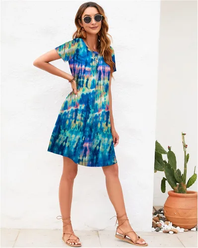 Vista 5 de Sherosa - Vestido de verano sin mangas o con manga corta, estampado floral, con bolsillos, casual, suelto, con vuelo, vestido estilo camiseta