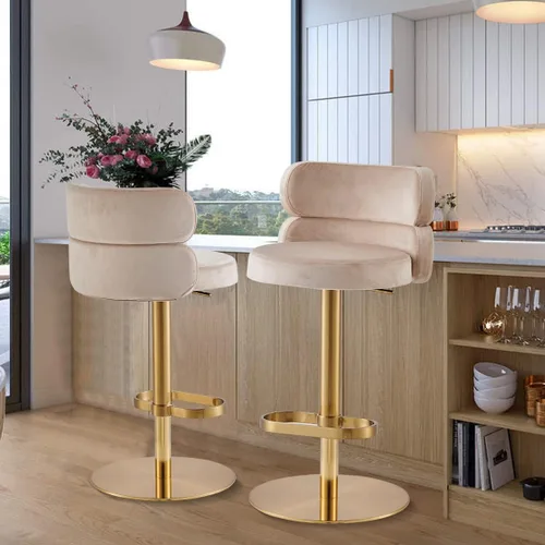 Vista 7 de Taburetes de bar de terciopelo modernos giratorios de altura ajustable para encimera de cocina, taburetes de bar con reposapiés para sala de estar