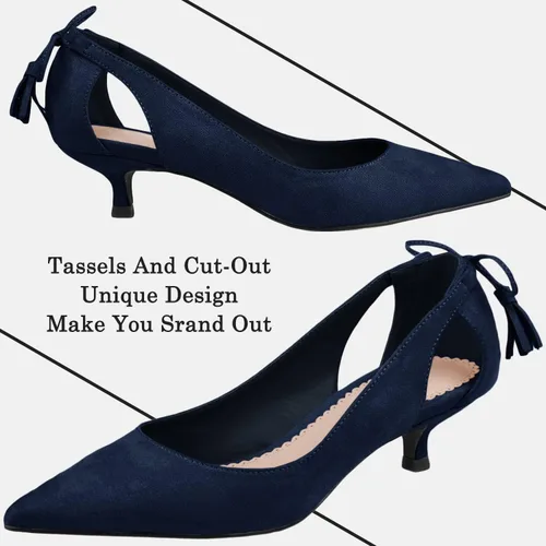 Vista 4 de Govdaeor Zapatos de vestir para mujer, tacón de gatito, punta puntiaguda, borlas recortadas, sin cordones, casual, para fiesta, baile de graduación