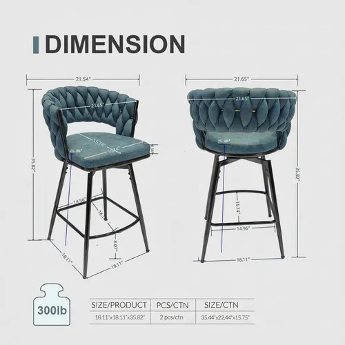 Vista 2 de Juego de 2 taburetes de bar giratorios de tela de gamuza con giro de 360°, base de metal y reposapiés, respaldo tejido tapizado para comedor, mesa