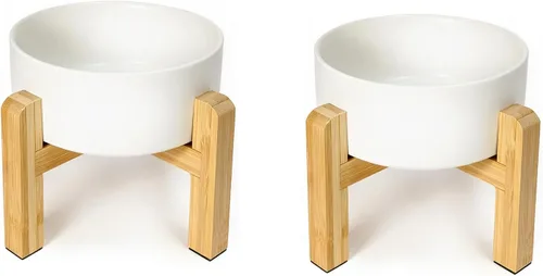 Vista 18 de Cuenco elevado de cerámica para gatos - Cuenco de comida para gatos con soporte de bambú - Plato elevado de comida para perros para cachorros - Verde