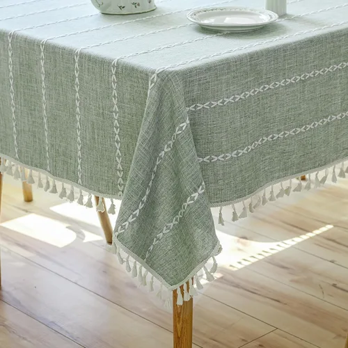 Vista 13 de Mantel rectangular de lino beige crema para comedor y cocina, mantel rectangular de arpillera de lino con borlas, resistente, rústico, campestre
