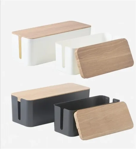 Vista 3 de Caja de almacenamiento de alambre de madera, 3 unidades, cable de datos, organizador de cables de alimentación, computadora para cables de TV