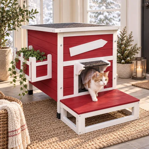 Vista 8 de Hicaptain Casa para gatos al aire libre, refugio aislado para gatos con puerta de escape, exterior resistente a la intemperie, casa pequeña