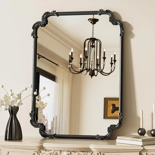 Vista 35 de Espejo rectangular negro barroco vintage para pared, 22 x 30 pulgadas, marco de desplazamiento antiguo, espejo de manto francés para chimenea, baño