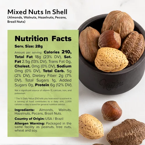 Vista 2 de NUTS U.S. – Nueces Mixtas en Cáscara (Almendras, Nueces, Avellanas, Pacanas, Nueces de Brasil) Sin Colorantes Añadidos y Sin Sabores Artificiales