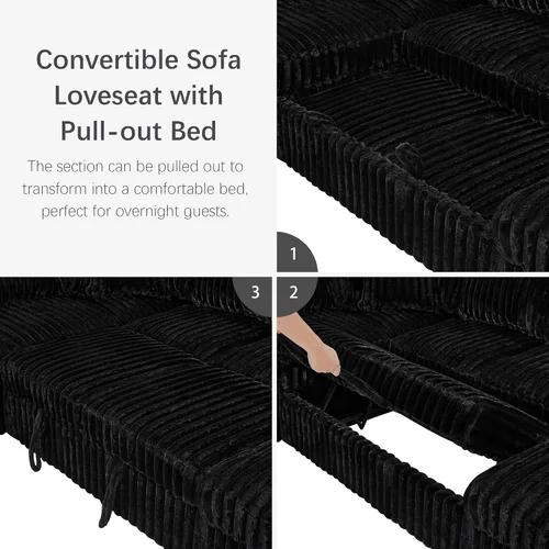 Vista 3 de DEINPPA Sofá cama de 122 pulgadas con cama extraíble, sofá modular de pana peluda gruesa con diván de almacenamiento y puertos de carga, sofás