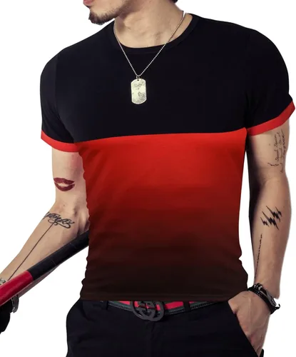 Vista 2 de kuboyee Mens Slim Fit Cotton T-Shirt Short Sleeve Crew Neck Contrast Gradient Color Stitching Tops Fashion Shirts Casual Tee