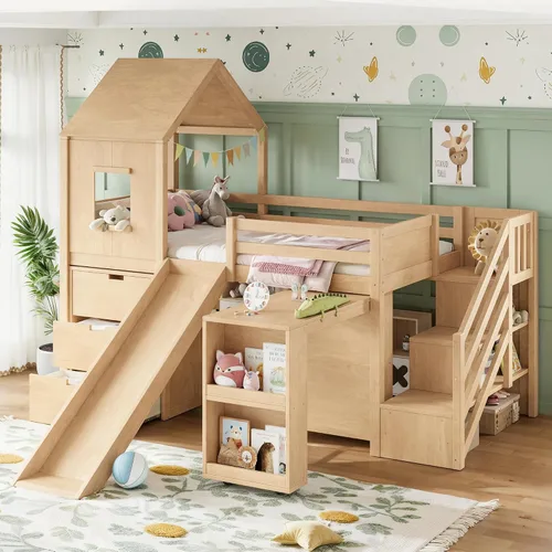 Vista 4 de SOFTSEA Cama tipo loft con tobogán, almacenamiento y escritorio para niños Natural