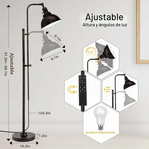 Vista 3 de PARTPHONER Lámpara de pie industrial ajustable, lámpara de lectura rústica de granja en acabado negro envejecido, lámpara de pie moderna