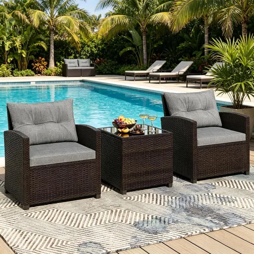 Vista 10 de ORALNER Juego de muebles de patio de 3 piezas, juego de mimbre para Beige