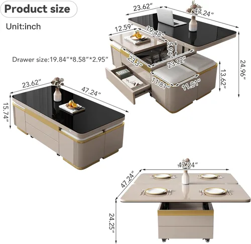 Vista 2 de Guyii Mesa de centro elevable con taburetes de almacenamiento, mesa central 3 en 1, altura ajustable, mesa plegable para sala de estar, ahorro
