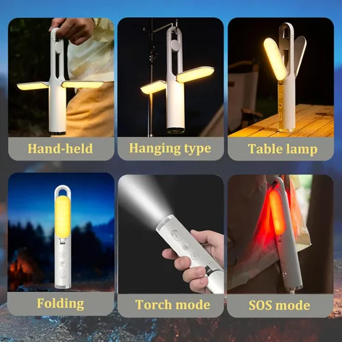 Vista 4 de Luz LED para campamento, luz recargable plegable con batería integrada de 2400 mAh, 5 modos, luz de emergencia multifuncional con linterna y función