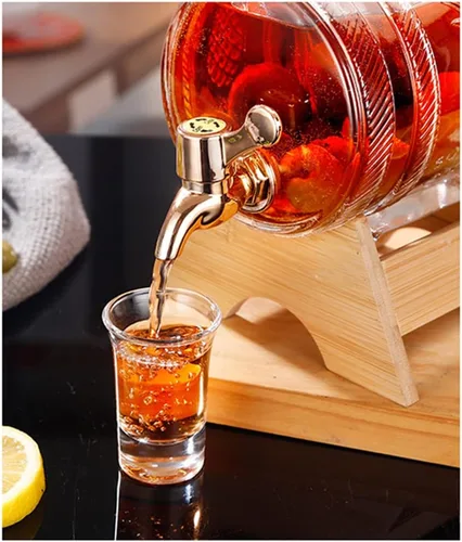 Vista 6 de Dispensador de bebidas de barril de vidrio de 1 litro con espita y soporte Dispensador de bebidas frías Dispensador de barril de vino (plata)