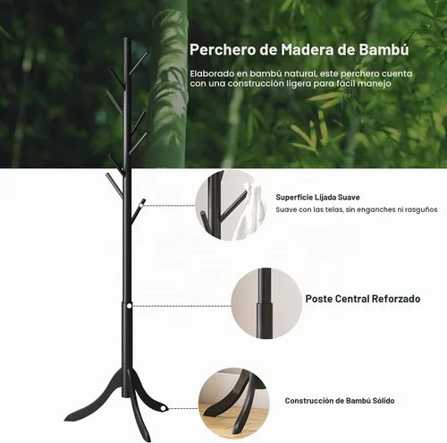 Vista 2 de kiplant Perchero negro de madera de bambú independiente con 8 ganchos, organizador de pasillo y sombrero de entrada para dormitorio, oficina, ropa