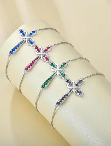 Vista 4 de YL Pulsera de cruz de plata de ley 925 con eslabones laterales infinitos, joyería de piedra natal para mujer