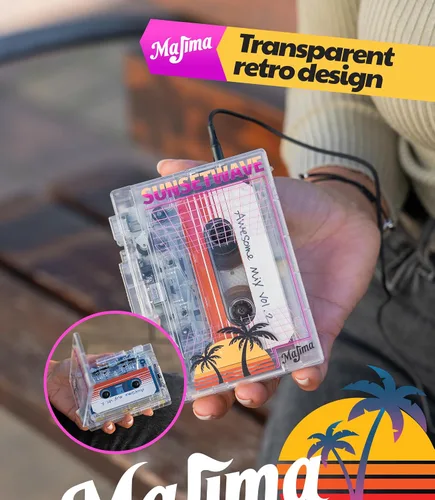 Vista 6 de Reproductor de cassette Bluetooth con radio FM, diseño portátil transparente, regalo de audio retro, compatible con alimentación USB o pilas AA