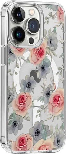 Vista 5 de Funda magnética transparente para iPhone 13 [compatible con cargador MagSafe] Gardenia patrón de estampado floral delgado antiarañazos para mujeres