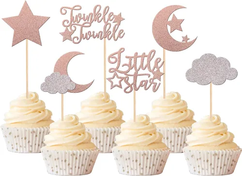 Vista 8 de Rsstarxi Paquete de 36 adornos para cupcakes con purpurina de luna, nubes y nubes, para baby shower, cumpleaños, boda, fiesta, suministros de Diseño