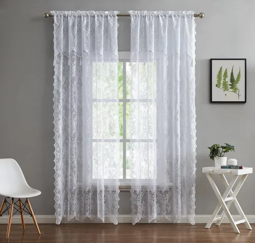 Vista 12 de LinenZone Cenefa de encaje transparente con 6 borlas y parte inferior festoneada para cocina, baño, comedor, sala de estar, dormitorio o sótano.