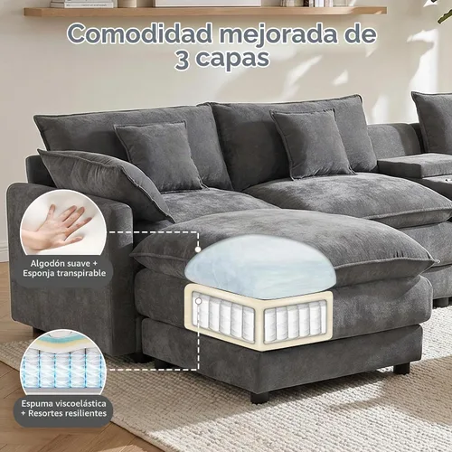 Vista 7 de Sofá modular de gran tamaño de 145 pulgadas, sofá de nube en forma de U, moderno juego de sofá de 6 asientos para sala de estar, cómodo asiento Gris