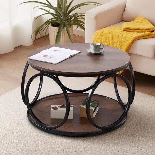 Vista 3 de BECHAEO Mesa de centro redonda de 31.5 pulgadas con almacenamiento, mesa de centro vintage de 2 niveles para sala de estar, parte superior de madera