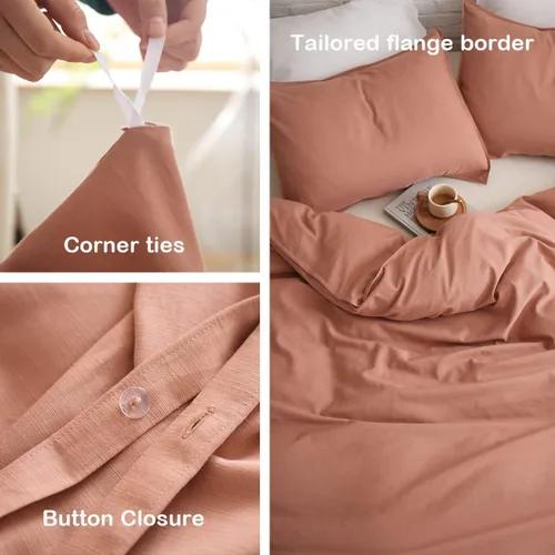 Vista 4 de PANDATEX Juego de funda de edredón de mezcla de lino de rayón rosa polvoriento, algodón, prelavado, suave, transpirable, tamaño matrimonial