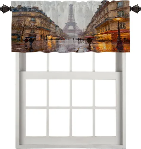 Vista 114 de Cortinas opacas de cocina con pintura al óleo de Europa rosa y negra para ventanas, cenefas opacas modernas de torre Eiffel de poliéster multicapa