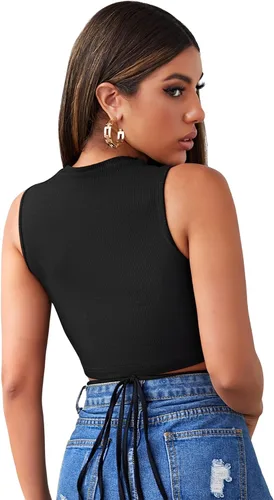 Vista 2 de SheIn Camiseta corta sin mangas con lazo cruzado en la espalda para mujer