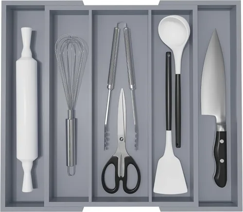 Vista 10 de Organizador de utensilios de cocina, bandeja de cubiertos – Organizador de cubiertos de bambú expandible, 5 ranuras, organizador de cubiertos Negro