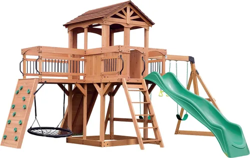 Vista 2 de Juego de columpios Backyard Discovery Sterling Point con tobogán de ola, casa de juegos elevada, puente de madera, pared de roca, columpios