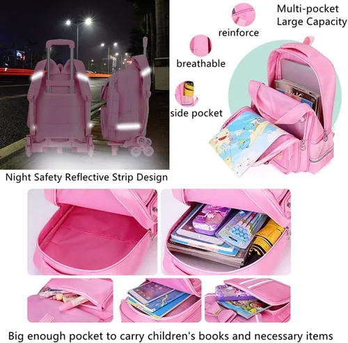 Vista 6 de Mochila de princesa rodante con lazo mochila de escuela primaria para niñas mochila con ruedas con bolso Girl Dark Blue 6 Wheels 6 wheels