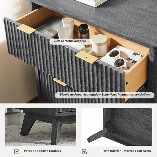 Vista 6 de T4TREAM Cómoda acanalada de 3 cajones de 32 pulgadas para dormitorio, aliso Aliso Oscuro