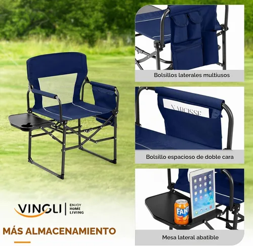 Vista 4 de VINGLI Sillas de campamento, silla de directores, silla de camping con mesa auxiliar y bolsa de transporte, sillas de campamento resistentes