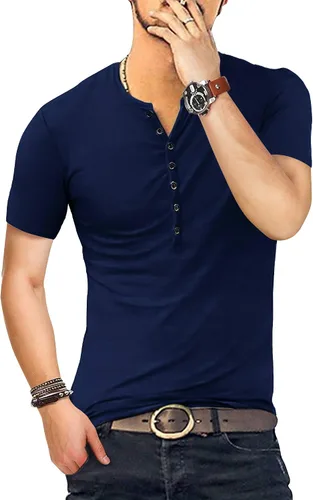 Vista 4 de KUYIGO - Camiseta básica entallada para hombre con manga largacorta y botones, moda de verano