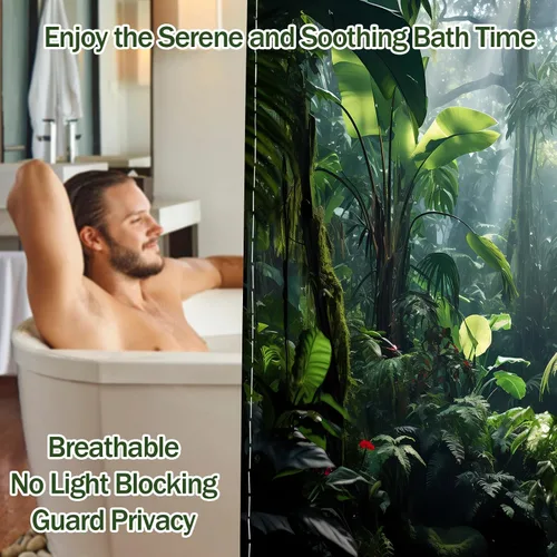 Vista 8 de Cortina de ducha verde de selva naturaleza bosque selva tropical paisaje planta tropical decoración de baño, tela impermeable con ganchos, 36x72