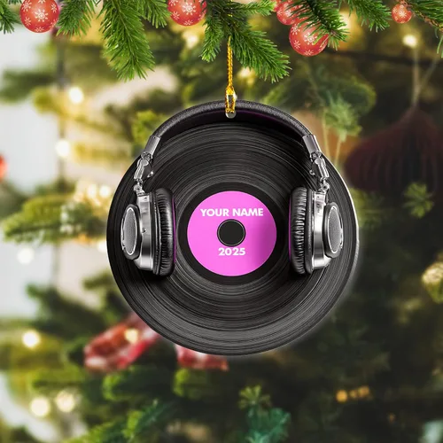 Vista 3 de Adorno de Navidad personalizado, máquina de discos de vinilo, adorno plano 2D, adorno para tocadiscos, instrumento musical, decoración de árbol