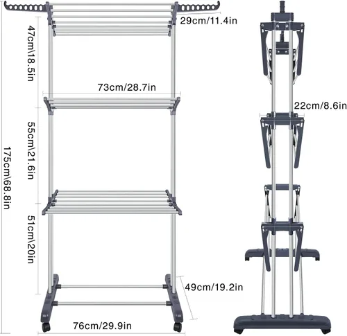 Vista 2 de Perchero de secado de ropa, grande plegable de 3 niveles para secadora de ropa, estante de almacenamiento para ropa con dos alas laterales y ruedas