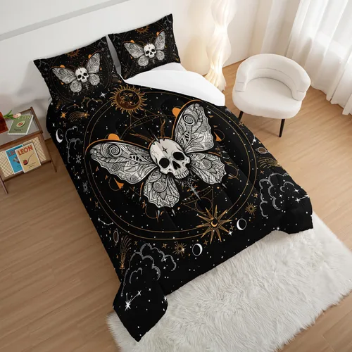 Vista 60 de HOSIMA Juego de edredón de decoración gótica, patrón de calaveras de polilla de la muerte, juego de cama de Halloween tamaño Queen para decoración