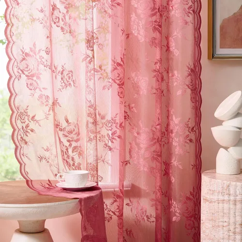 Vista 21 de Cortinas de encaje beige, juego de 2 paneles de cortinas traslúcidas con bolsillo para cortinero, decoración de ventana pequeña, baño, sótano