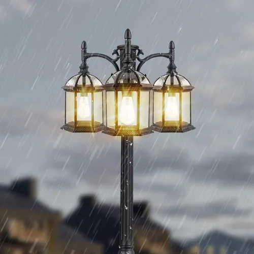 Vista 4 de Lámpara de poste de luz para exteriores del atardecer al amanecer con 3 bombillas LED, poste de luz de calle de aluminio de triple cabezal