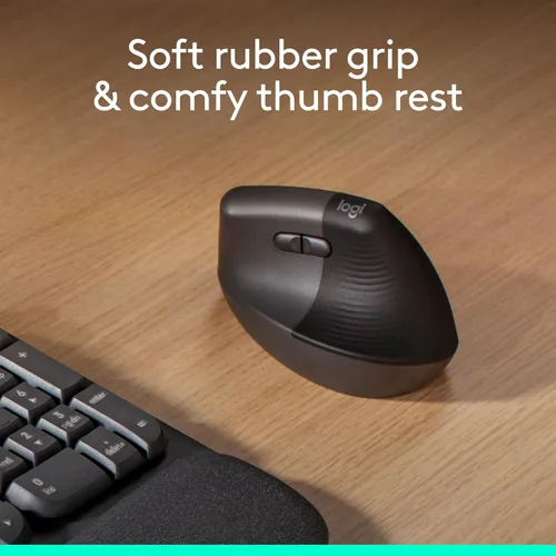 Vista 2 de Logitech Lift - Mouse ergonómico vertical, inalámbrico, Bluetooth o receptor USB, clics silenciosos, 4 botones, mouse inalámbrico para mano derecha