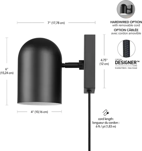 Vista 10 de Globe Electric 65000098 Lámpara de pared de 1 luz enchufable o cableada, negro mate, cable de tela trenzada de 1.8 metros, interruptor basculante