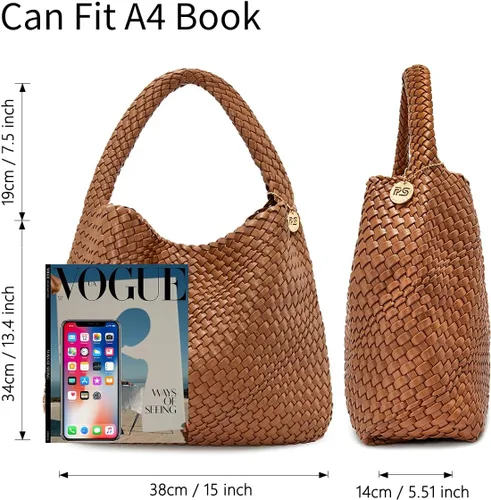 Vista 6 de PS PETITE SIMONE Bolso de mano tejido para mujer, bolso grande tejido de cuero, bolso trenzado, bolso tejido color avellana