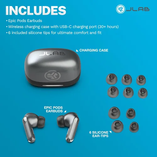 Vista 9 de JLab Epic Pods ANC, auriculares inalámbricos verdaderos, cancelación activa de ruido, Bluetooth, color negro