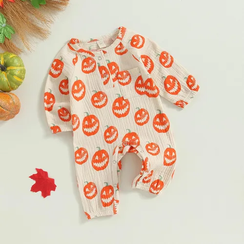 Vista 2 de GOOCHEER Mameluco de manga larga para bebé, niño, niña, Halloween, traje de calabaza