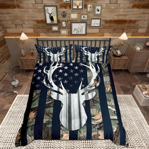 Vista 2 de Funda de edredón con bandera estadounidense de camuflaje, tamaño individual, silueta de ciervo y árboles grises, funda de edredón de estilo natural