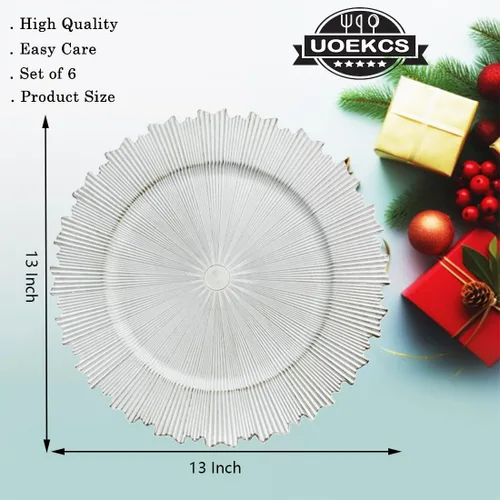 Vista 6 de Platos Base Blancos Antiguos, Platos Base Redondos de 13" para Platos de Cena, Juego de 6 Platos Base de Plástico para Bodas, Fiestas, Decoración